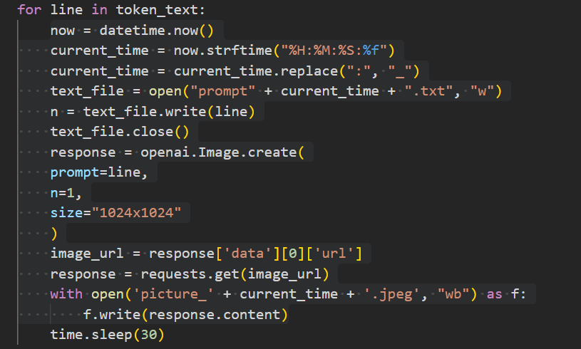 Python code with the the OpenAI Image create function looping creating AI generated images based on a list of sentences